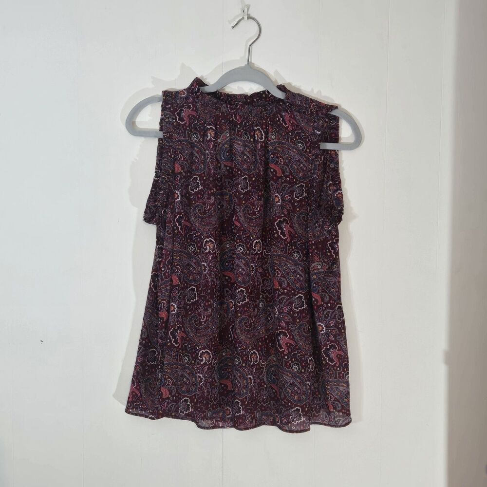 Burgundy Paisley Ruffled Mock Neck Sleveless Blouse Boho Cottagecore
